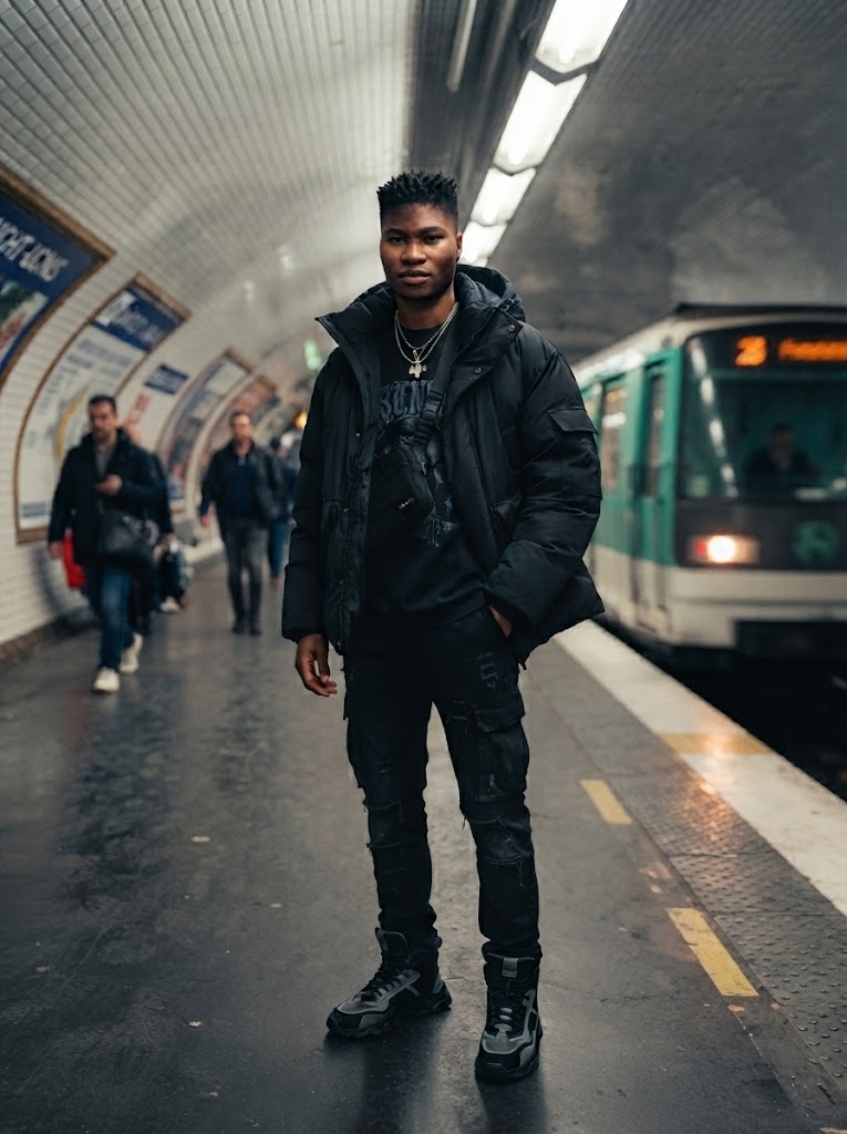 modèle homme portant des vetements streetwear dans une station de métro