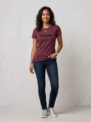 modèle portant t-shirt bordeaux pour femme estampillé UrbanStyle