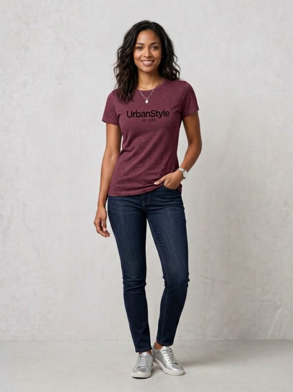 modèle portant t-shirt bordeaux pour femme estampillé UrbanStyle
