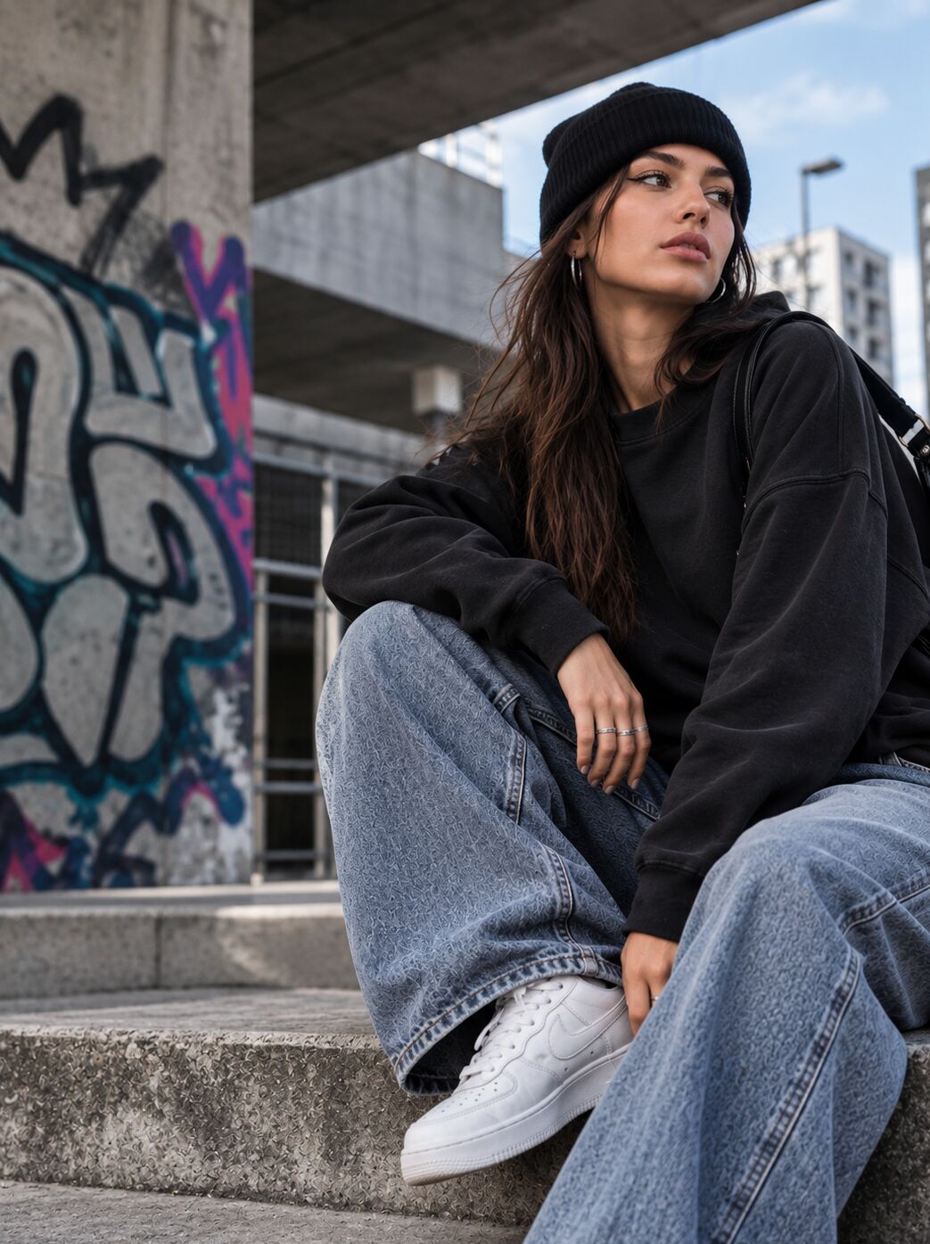 femme portant des vetements streetwear assise sur des marches en ville