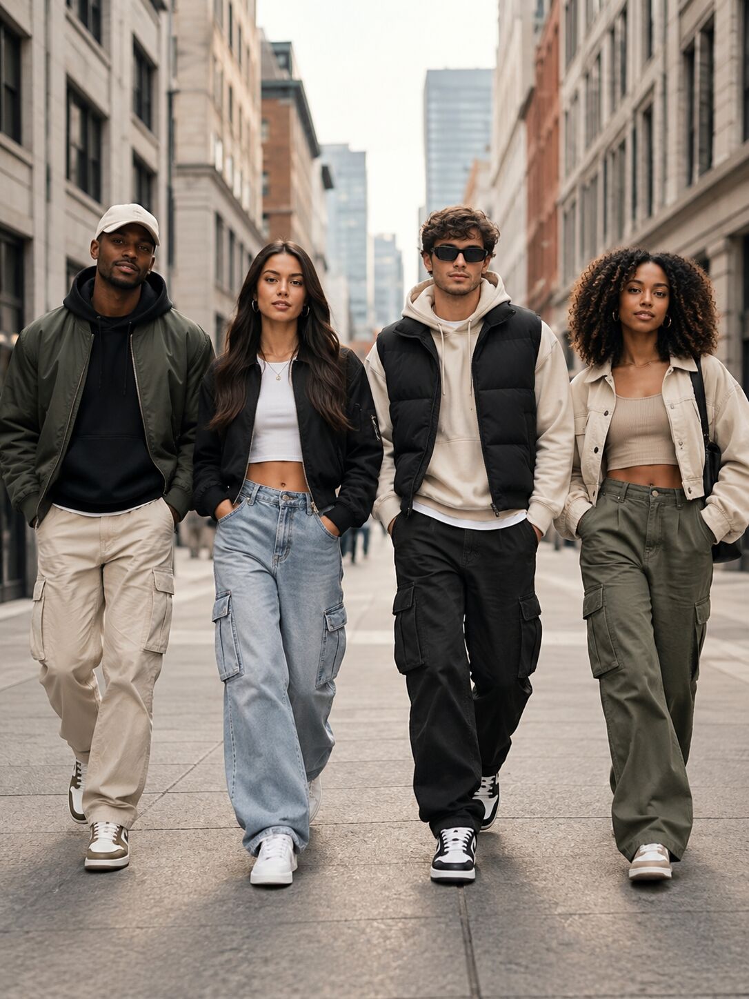 4 jeunes personnes marchant dans la rue avec un style streetwear
